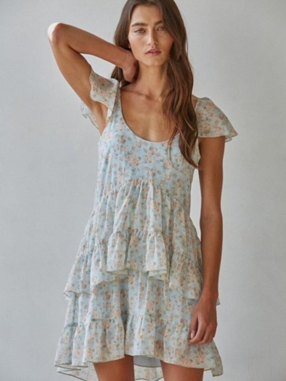 BY TOGETHER Cap Sleeve Tiered Floral Print High Low Mini Dress Blue Size S NWT - Picture 2 of 4